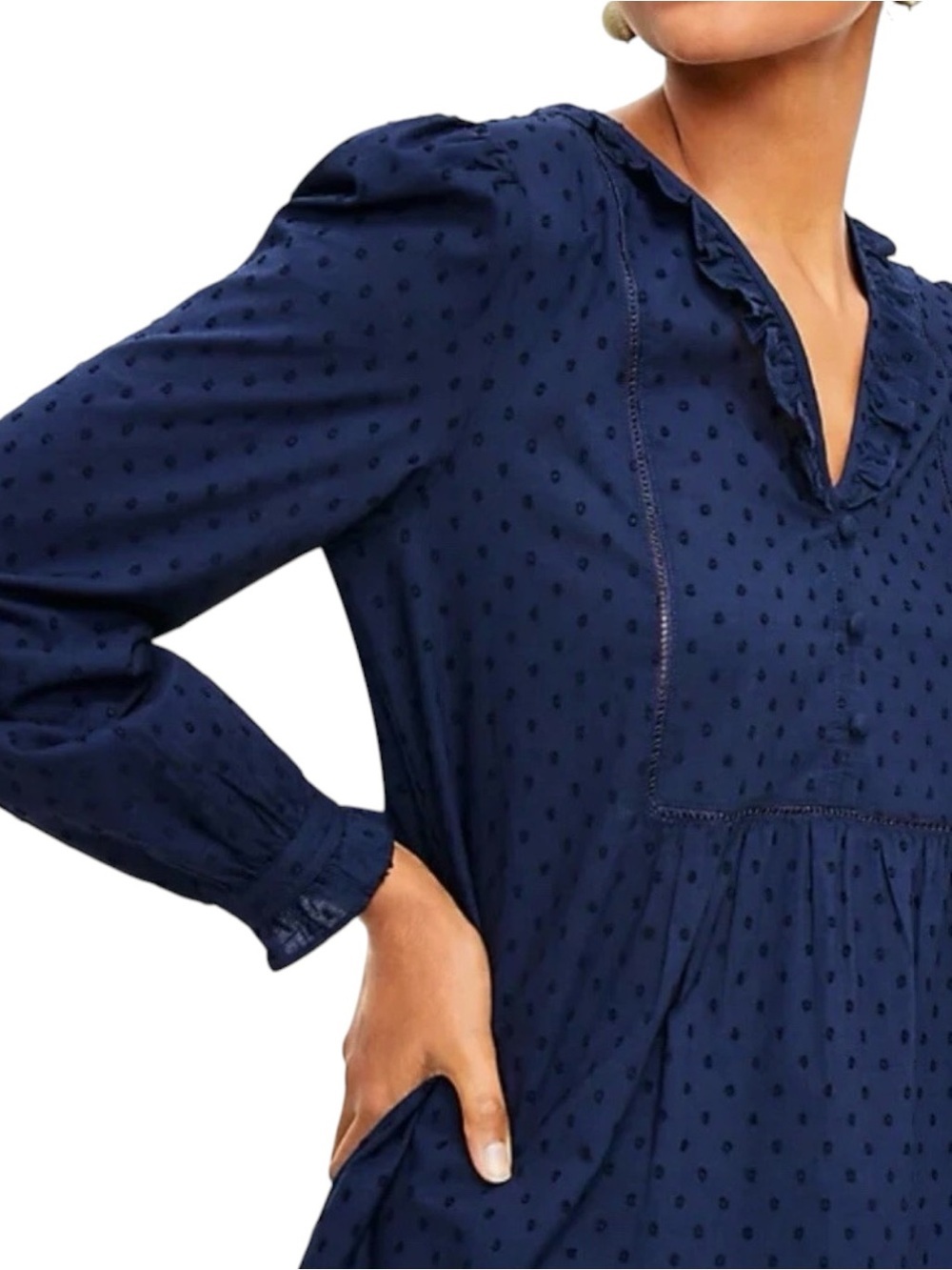 Ann Taylor LOFT Sz SMALL Navy Swiss Dot V-Neck Ruffle Trim Babydoll Blouse Top - Picture 2 of 11